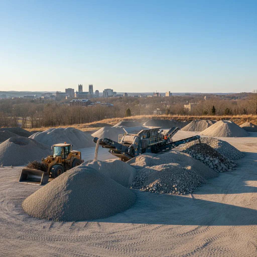 Wide angle view of the Gorilla Materials recycling facility with heavy machinery and piles of aggregate.