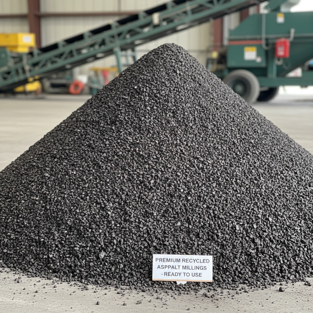 A high-resolution photo of a neat pile of processed asphalt millings, showing their dark, rich texture.