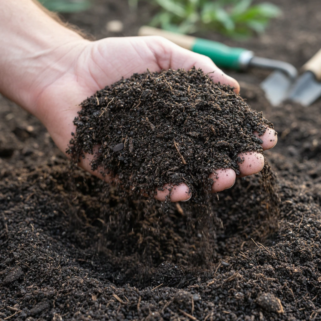 A close-up shot of rich, dark, screened topsoil, loose and fertile in texture.