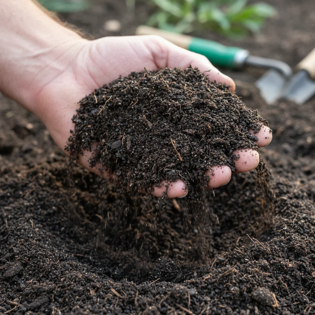 A close-up shot of rich, dark, screened topsoil.